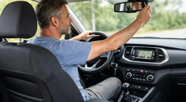 Uomo al volante regola lo specchietto, assicurandosi la corretta posizione di guida per un viaggio sicuro.