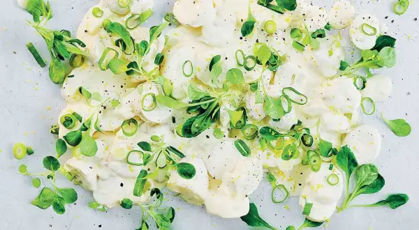 Krämig potatissallad med färska örter och citronskal, ser ut att vara den godaste potatissalladen någonsin.