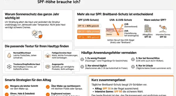 Welcher Lichtschutzfaktor fürs Gesicht? SPF 30 für Alltag, SPF 50 bei intensiver Sonne. Breitband-Schutz ist entscheidend.