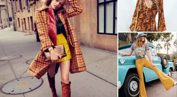 Kobiety w stylizacjach inspirowanych modą lat 60. – płaszcz w kratę, sukienka w paisley, dzwony i koszulka z grafiką.