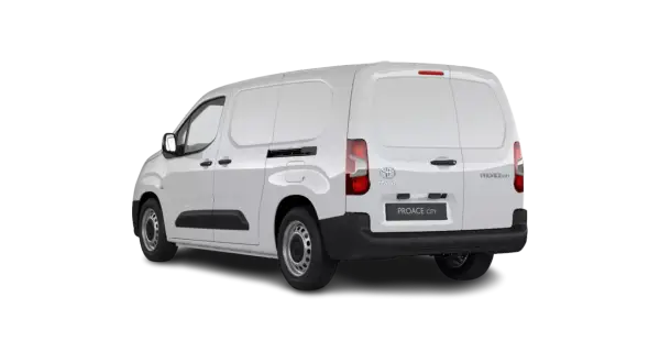 Biały Toyota Proace Long, wersja City, widziany z tyłu i z boku. Idealny do transportu towarów.