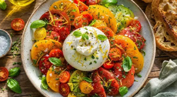 Une burrata crémeuse trône au milieu d'une salade colorée de tomates anciennes, de basilic frais et de zestes de citron. Une entrée parfaite pour l'été.