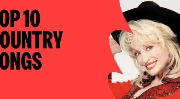 Dolly Parton, Ikone des country song bekannt, lächelt vor rotem Hintergrund mit der Aufschrift "TOP 10 COUNTRY SONGS".