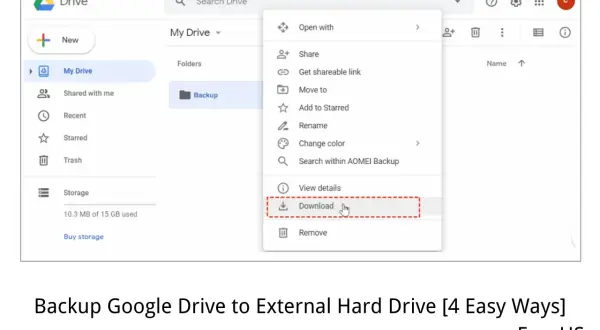 Google Drive interface showing a dropdown menu with "Download" highlighted, illustrating how to transfer Google Photos to an external hard drive.