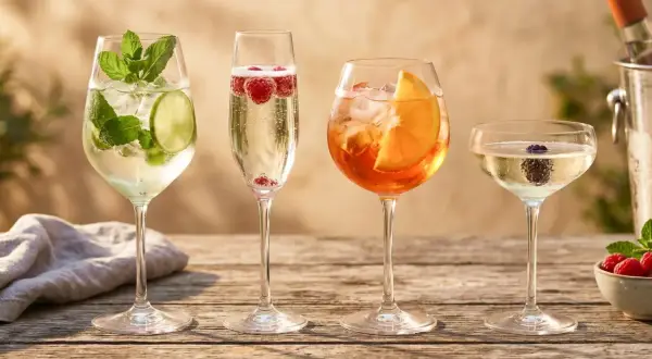 Cztery drinki na drewnianym stole: jeden z limonką i miętą, drugi z malinami, trzeci z pomarańczą, a czwarty z jeżyną. Idealne na letnie popołudnie, w tym orzeźwiający prosecco drink.