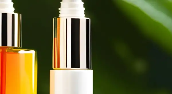 Zwei Pipettenflaschen mit goldenen Kappen, eine mit orangefarbener Flüssigkeit, die an Retinol und Vitamin C erinnert, vor einem grünen Hintergrund.