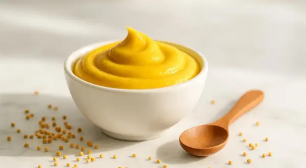 Una ciotola di senape gialla cremosa, con semi sparsi e un cucchiaio di legno. Attenzione, la senape fa ingrassare se consumata in eccesso!