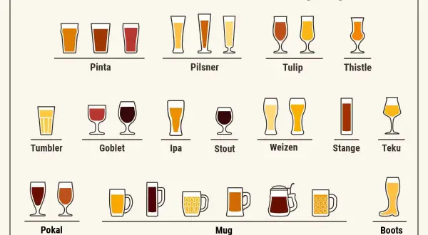 Illustrazione di vari tipi di bicchiere di birra, da Pinta a Boots, con diverse forme e colori di birra.