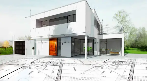 Moderner Hausentwurf mit Bauplänen im Vordergrund. Die enev bedeutung zeigt sich in der detaillierten Planung des energieeffizienten Gebäudes.