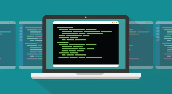 Laptop z zielonym kodem na czarnym tle, otoczony innymi oknami z kodem. Może to być wizualizacja pracy z narzędziem psexec.