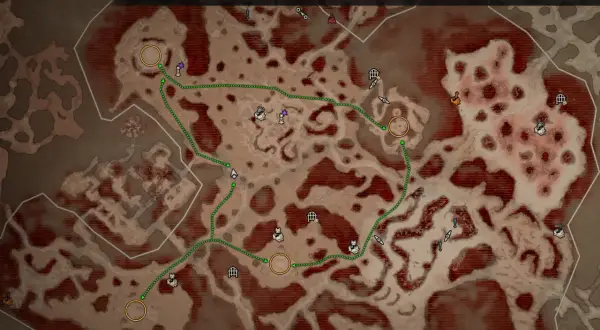 Karte von Dry Steppes mit einer grünen Route, die durch die Helltide führt. Symbole zeigen Orte und Ziele.