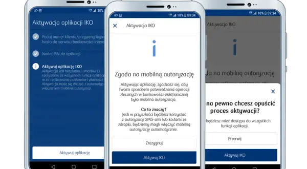 Trzy telefony pokazują kroki aktywacji aplikacji IKO. Dowiedz się, jak aktywować IKO na innym telefonie, postępując zgodnie z instrukcjami na ekranie.