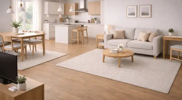 Ljust och luftigt vardagsrum med matbord och köksö. Perfekt matbord vardagsrum inspiration för ett modernt hem.