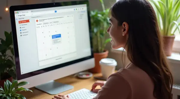 Kobieta pracuje przy komputerze, korzystając z udostępniania kalendarza Google.