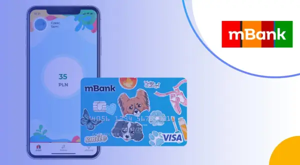 Aplikacja mBank pokazuje 35 PLN. Obok karta z pieskiem i baletkami, idealna do nauki jak przelać pieniadze z konta junior mbank.