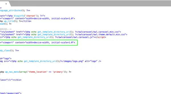 Codice PHP per un template HTML responsive, con meta tag viewport e inclusione di script per Owl Carousel.