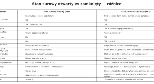 Tabela porównuje stan surowy otwarty i zamknięty, pokazując kolejność prac wykończeniowych od stanu surowego zamkniętego.