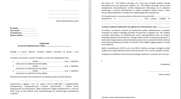 Odwołanie od decyzji ubezpieczyciela w sprawie szkody. Wzywam do zapłaty odszkodowania i zadośćuczynienia.