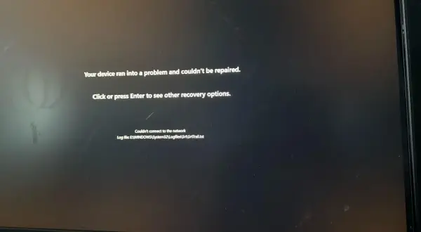 Ekran komputera z komunikatem błędu "Your device ran into a problem and couldn't be repaired.