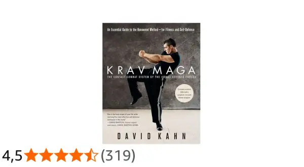 Omslag till boken "Krav Maga" av David Kahn, med en man i en försvarsställning. Boken lär ut självförsvar och träning.