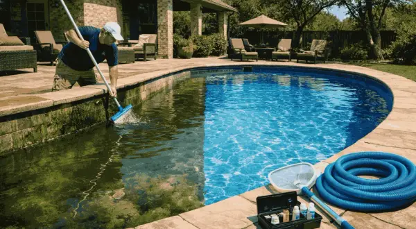 Man kneels to brush algae from pool edge, demonstrating how to vacuum a pool. Pool cleaning supplies are nearby.