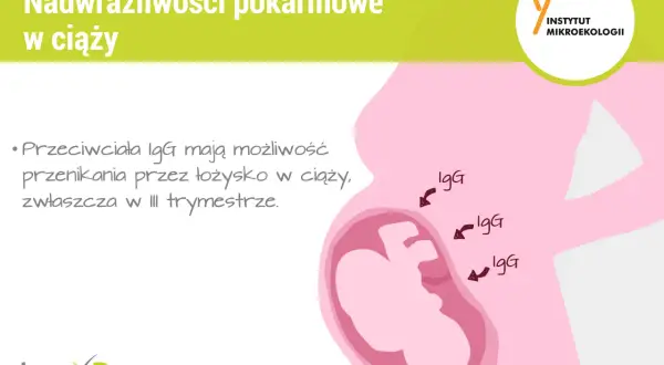 Ilustracja przedstawia ciążę i podkreśla, że przeciwciała IgG mogą przenikać przez łożysko, co jest istotne w kontekście nadwrażliwości pokarmowych w ciąży.