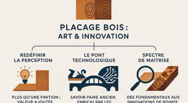 Illustration conceptuelle sur le placage bois : art et innovation. Un collage sur bois met en avant la perception, le savoir-faire et la maîtrise.