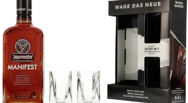 Zestaw Jägermeister Manifest z dwoma kieliszkami. Poczuj nowy wymiar smaku z Jägermeister Manifest.