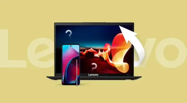 Jak zresetować tablet Lenovo? Laptop i smartfon Lenovo z pytajnikami i strzałką wskazującą na odświeżenie.