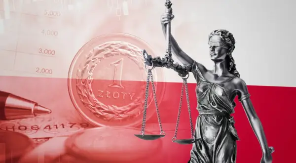 Temida z wagą i monetą 1 złoty, symbol sprawiedliwości i finansów. Sygnalista w pracy, dbający o uczciwość.
