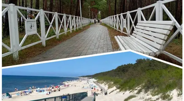 Ścieżka przez las z białym płotem i ławką prowadzi do plaży. Międzywodziu atrakcje to idealne miejsce na wypoczynek.