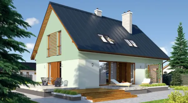 Nowoczesny projekt elewacji starego domu z jasnymi ścianami, drewnianymi elementami i ciemnym dachem.