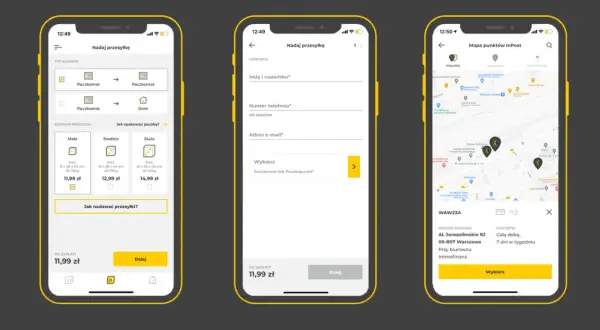 Trzy ekrany aplikacji mobilnej InPost: wybór typu i rozmiaru paczki, formularz nadania przesyłki, mapa punktów odbioru.