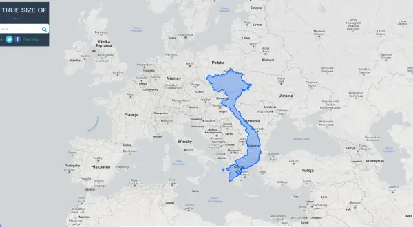 Powierzchnia Wietnamu porównana z Europą. Widać, jak duży jest Wietnam w stosunku do Polski i innych krajów.