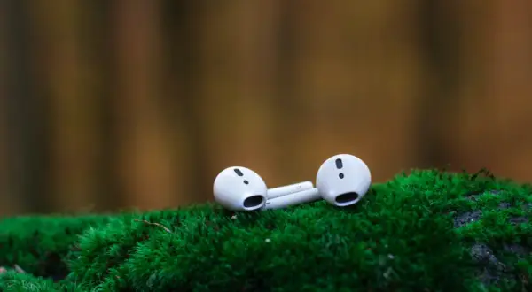 Białe słuchawki AirPods leżące na zielonym mchu.