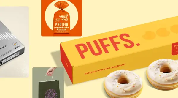 Vibrant product packaging trends: a box of "Puffs" doughnuts, a protein cake bag, and a pack of A4 cardstock.