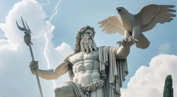 Statue du roi des dieux grecs, Zeus, tenant un trident et un aigle, sous un ciel orageux.