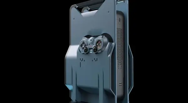 Futurystyczna konsola, przypominająca projekt playstation 7, z wbudowanym kontrolerem i uchwytem.