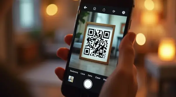 Jak zeskanować kod QR ze zdjęcia iPhone? Telefon z aparatem skierowanym na ramkę z kodem QR.