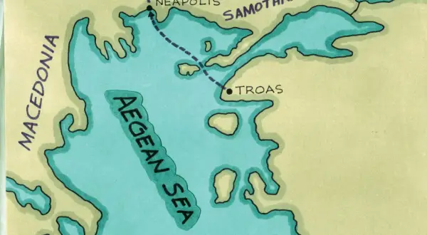 Mapa podróży Damaris przez Morze Egejskie, z Macedonii do Filipii i Troady.