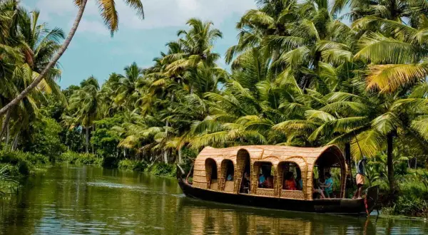 Une péniche navigue sur un canal bordé de palmiers luxuriants. Une belle façon de découvrir que faire au Kerala.