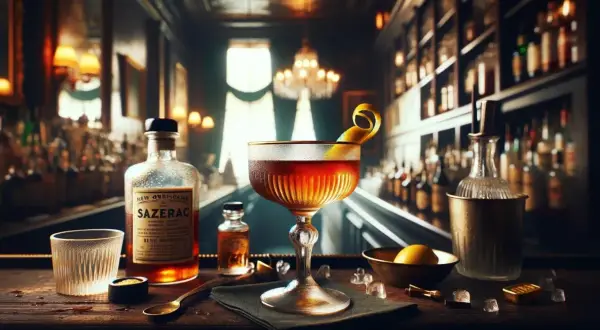Elegancki Sazerac w kieliszku, obok butelka z etykietą "Sazerac", w stylowym barze.