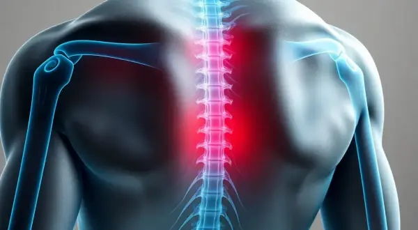Illustration av en rygg med rödmarkerad muskelinflammation skulderblad.