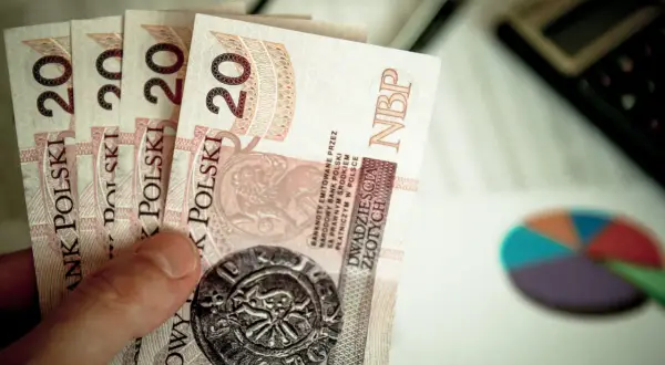 Dłoń trzyma banknoty dwudziestozłotowe. Obok leży kalkulator i wykres kołowy, sugerujące analizę finansową i przyszłą stawkę godzinową netto 2025.