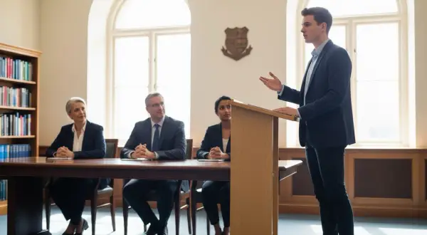 Młody mężczyzna przemawia przy mównicy, podczas gdy komisja oceniająca słucha, jakby zadawała przykładowe pytania na obronie pracy licencjackiej.