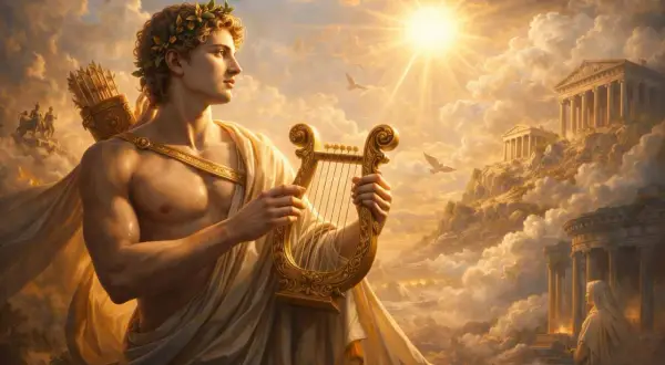 Apollo, bóg muzyki i słońca, gra na lirze wśród chmur. W tle widać greckie świątynie, nawiązujące do mitu o Apollo.