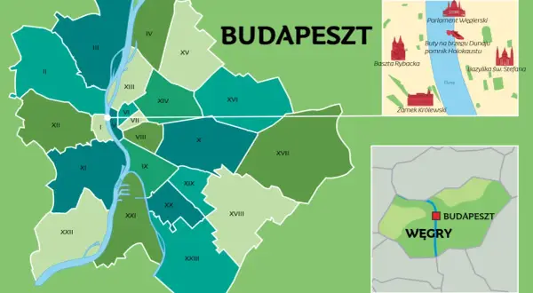 Mapa administracyjna Budapesztu, stolicy Węgier. Widoczne dzielnice, Dunaj i zabytki.