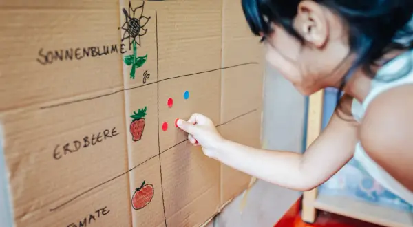 Kind übt Demokratie im Kindergarten: Es wählt per Klebepunkt seine Lieblingsfrucht auf einer selbstgemalten Abstimmungstafel.