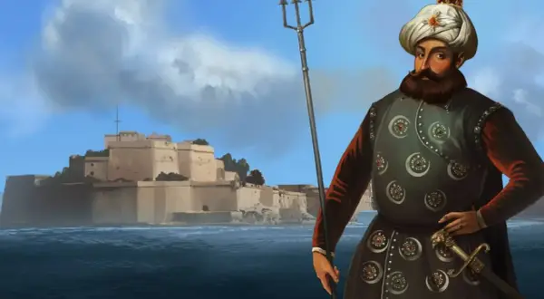 Postać z trójzębem i mieczem na tle twierdzy. Może przydać się do gry Europa Universalis 4 kody.
