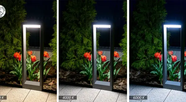 Ogród nocą z tulipanami i nowoczesną lampą. Porównanie jaka barwa światła na zewnątrz: ciepła 3000K, neutralna 4000K i zimna 6000K.